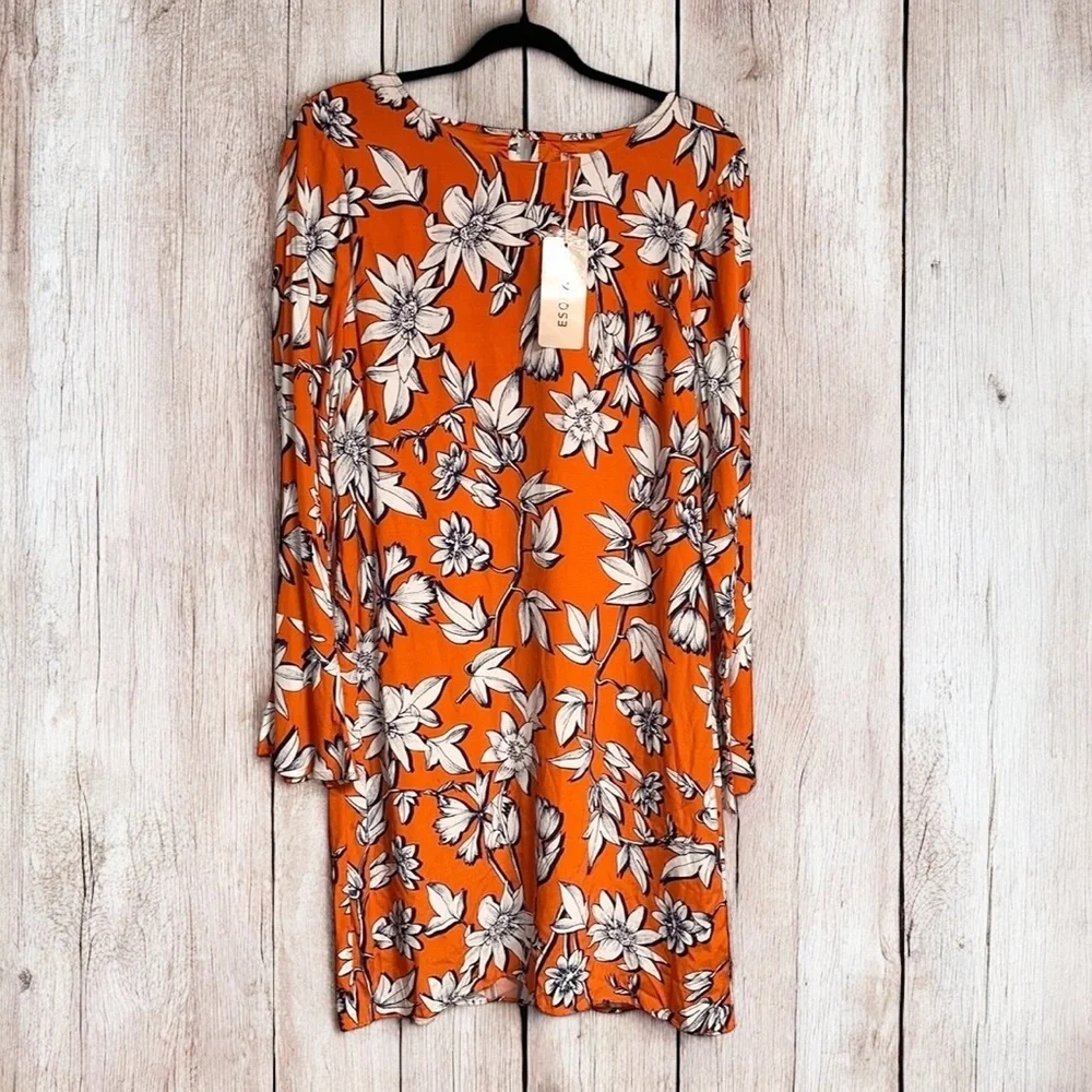 ESQUALO Women’s Long Sleeve Orange Botanical Shift Dress ~ Size 8 ~ NWT - Picture 4 of 9